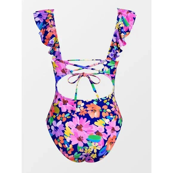 Women's  Black/Light Pink Ruffled One Piece Swimsuit V Neck Lace Up - Picture 6 of 6